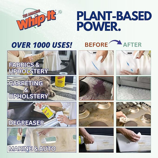 Whip-It Stain Remover and Concentrate Kit, 2-32oz Concentrates & 1-32 OZ Pro Spray Stain Remover, Makes 64 Bottles, Removes Coffee, Wine, Baby Stains, Pet Stains, Plant Based, Enzyme Cleaner, 500 Uses