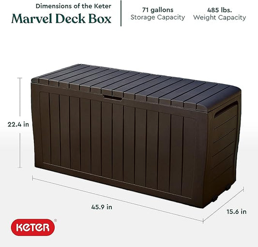 Keter Marvel Plus 71 Gallon Resin Outdoor Storage Box for Patio, Balcony & Garden – Weather‑Resistant Deck Box for Cushions, Pillows, Pool Floats & Tools, Brown
