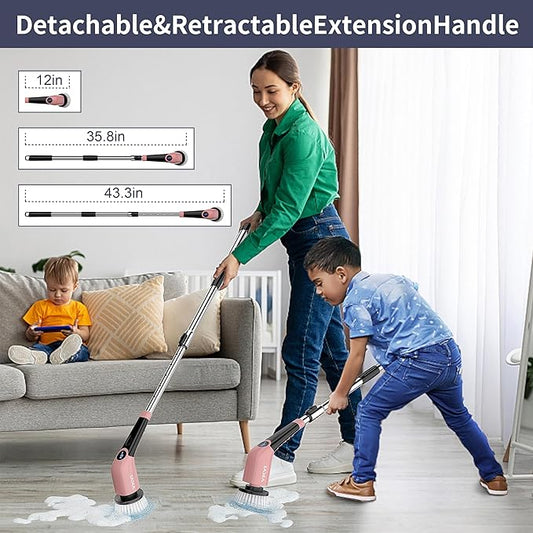 YKYI Electric Spin Scrubber-Cordless Power Scrubber with 8 Brush Heads, 3 Speeds & Adjustable Long Handle, IPX7 Waterproof Shower Cleaning Brush for Bathroom Tile, Bathtub, Grout, Kitchen(Pink)