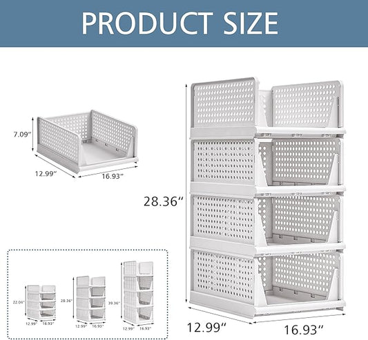 VECELO 4 Pack Plastic Closet Shelf Organizer, Stackable Sweater Storage Closet Drawers, Foldable Wardrobe Organizer, Easy Assembly, Durable and Space Saving for Closet, Bathroom, Kitchen, Gray