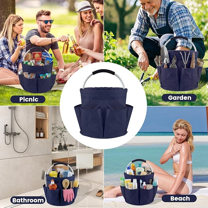 Cleaning Caddy with Handle and 6 Pockets, 17L Cleaning Supplies Organizer, 600D Oxford Fabric Storage Basket, Multifunctional Bucket Bag for Picnics, Camping, Gardening, Bathing (Dark Blue)