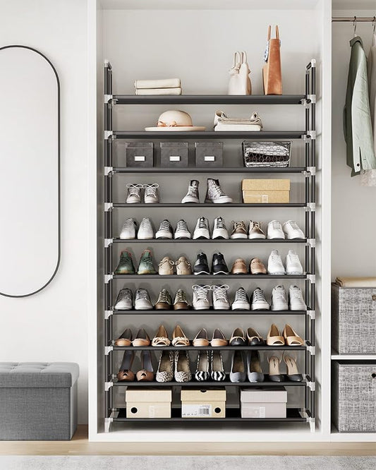 SONGMICS 10-Tier Shoe Rack, Shoe Storage for Hallway Closet, Slim and Space-Saving, Metal Frame, Non-Woven Fabric Shelves, Black ULSH11H
