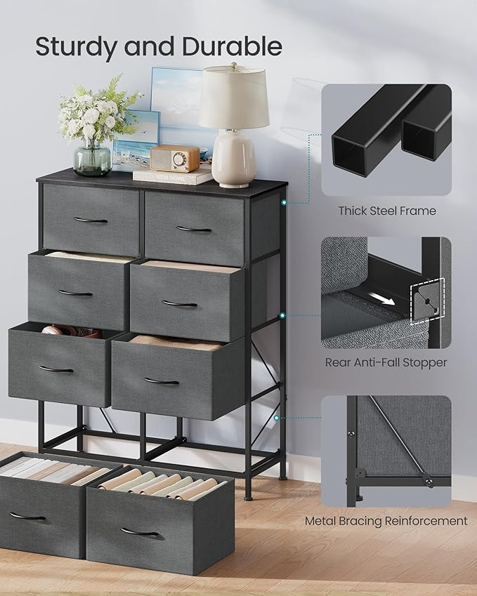 SONGMICS BELLAH Collection - Dresser for Bedroom, Chest of Drawers, Storage Organizer Unit, Closet, Entryway, Steel, 8 Drawers, Modern, Slate Gray ULGS124GN02S