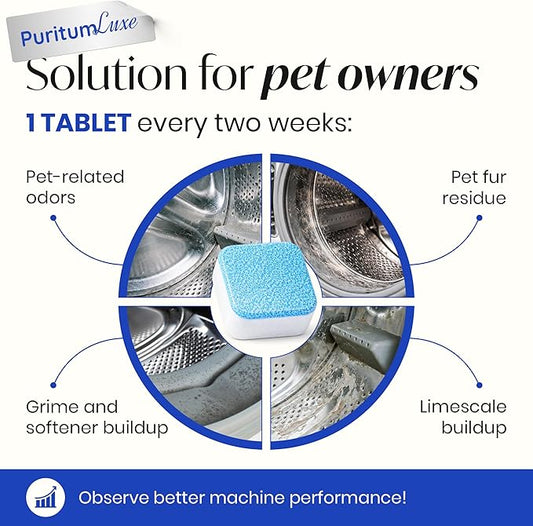 Washing Machine Cleaning Tablets to Remove Pet Fur, Odor, Grime Buildup – Deodorizing for HE, Front, Top Load Washers – Washing Machine Cleaner Tablets Safe for Septic Systems – 24 pcs
