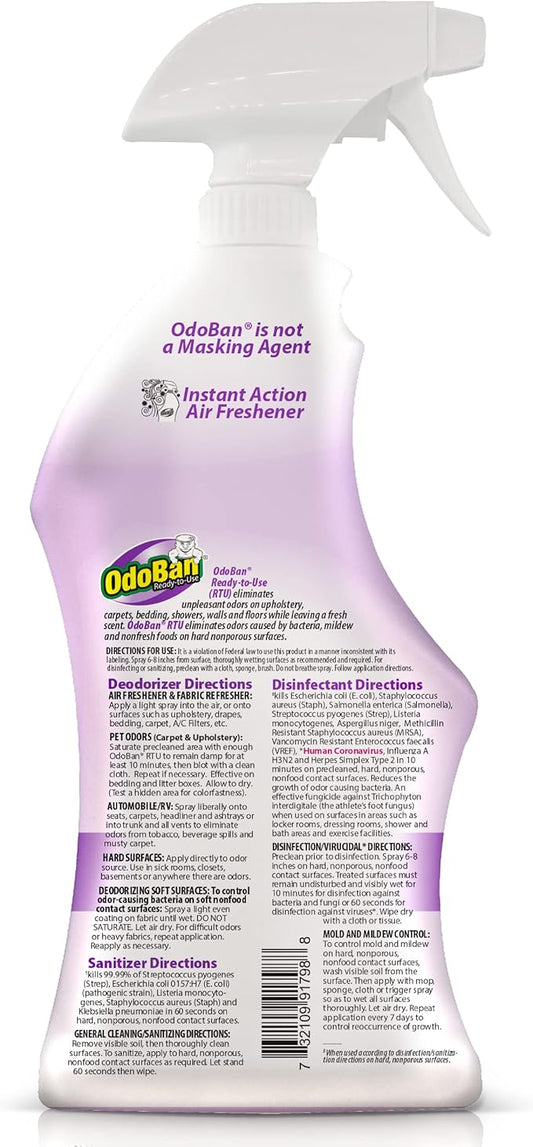 OdoBan Ready-to-Use Disinfectant and Odor Eliminator, Set of 2 Spray Bottles, 32 Ounces Each, Lavender Scent