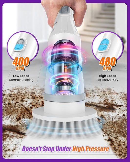 NBONEBS Electric Spin Scrubber, Cordless Shower Scrubber Rotary Floor Brushes & Pad Drivers with 6 Brush Heads - 2H Dual Speed, IPX7 Waterproof Extension Handle for Bathroom Tile Car Cleaning