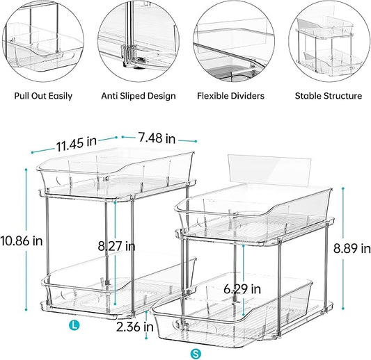 Delamu 2-Tier Under Sink Organizers and Storage, Multi-Purpose Stackable Bathroom Cabinet organizers, Pull Out Kitchen Pantry Organization and Storage with Dividers(2 Pack, Clear)