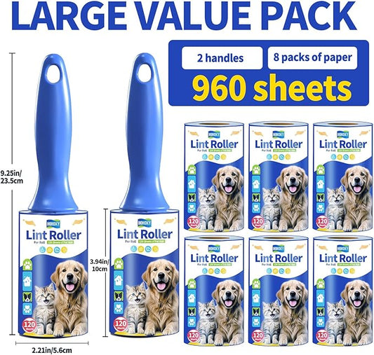 lint Rollers for pet Hair Extra Sticky Heavy Duty Lent Roller for Dog and Cat Remover for Couch Clothes Furniture Furniture Carpet Animal Fur Fuzz Mega Value Set Refills 960Sheets 8Pack