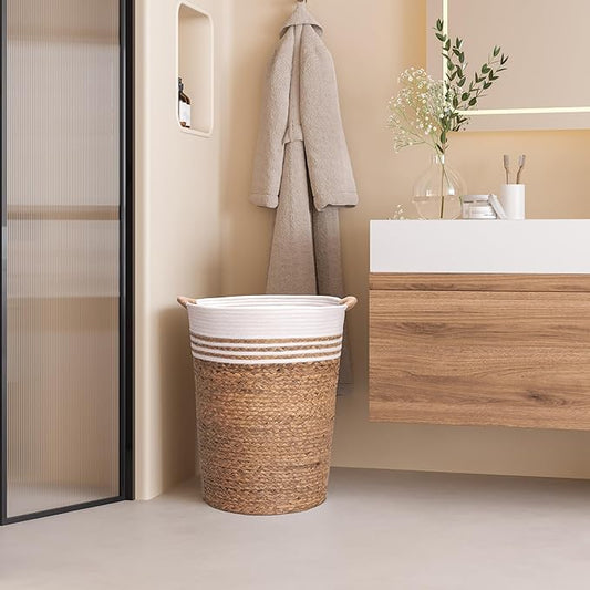 Seville Classics Premium Natural Handwoven Portable Laundry Bin Basket with Carrying Handles, Household Storage for Clothes, Linens, Sheets, Hamper with Liner, White