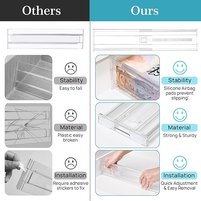 Vtopmart 8 Pack 4" Regular Upgrade Drawer Dividers for Clothes, 12.8"-22.3" Expandable Dresser Drawer Organizer, Clear Plastic Separators for Dresser, Baby Clothing, Underwear, Cosmetic, Toiletries