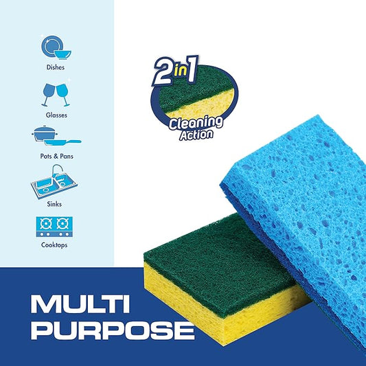 SCRUBIT 48 Pack Kitchen Sponges Dish Sponge for Washing Dishes, Kitchen & Bathroom – Blue & Yellow Dishwashing Sponges Along with A Thought Scrubber – Bulk Cleaning sponges Kitchen (Blue, Yellow)