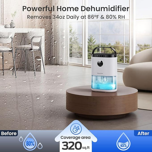 Dehumidifier for Home, 68 OZ Water Tank Dehumidifiers for Bathroom, Bedroom, Living room with, Auto Humidity Control, Digital Display, 7 Color Breathing Light, White