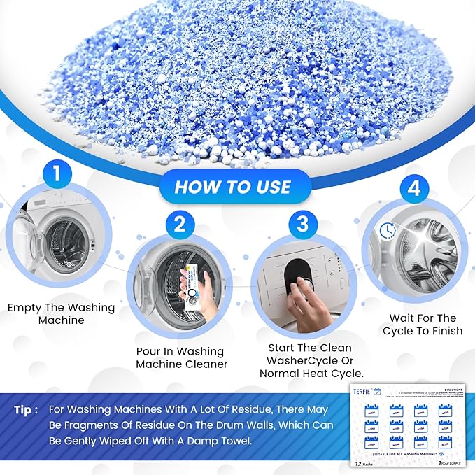 Washing Machine Cleaner Powder Deodorizer 12 Pack, For Deep Descaling, Cleaning Front-Loading & Top-Loading Washing Machine Drum Interiors And Drum Seal, Septic Tank Safe - 12 Month Supply