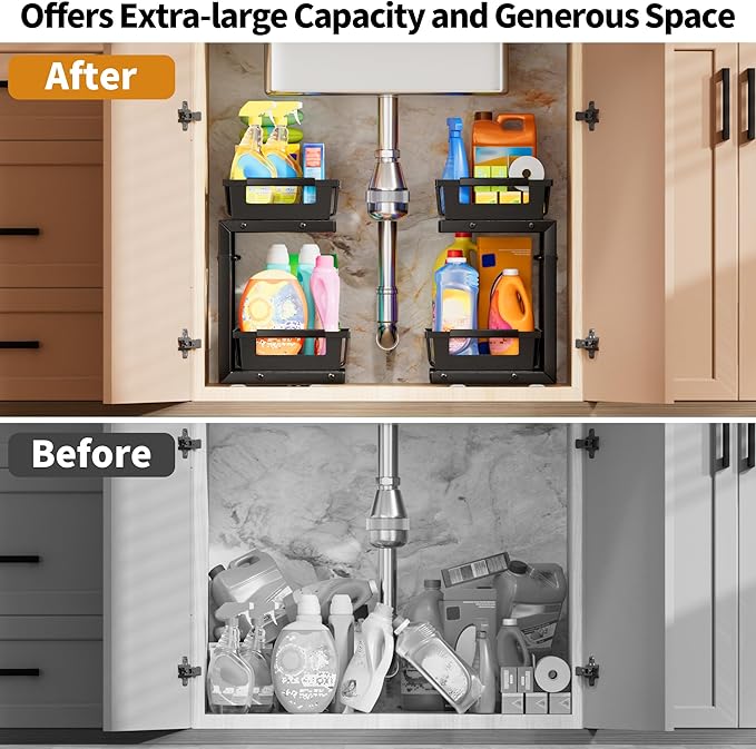 Under Sink Organizer 2 Pack, 2 Tier Adjustable Height Reinforced Carbon Steel Under Kitchen Bathroom Sink Storage Organizer, Smooth Pull-out Under Sink Cabinet Rack Drawer Organizer, Black