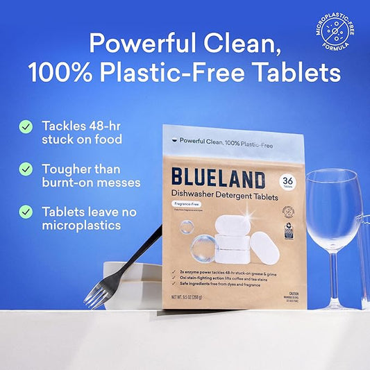 BLUELAND 100% Plastic-Free Dishwasher Detergent Tablets, 36 Count, Free & Clear, Eco-Friendly Dishwashing Pods, Natural, USDA Certified biobased