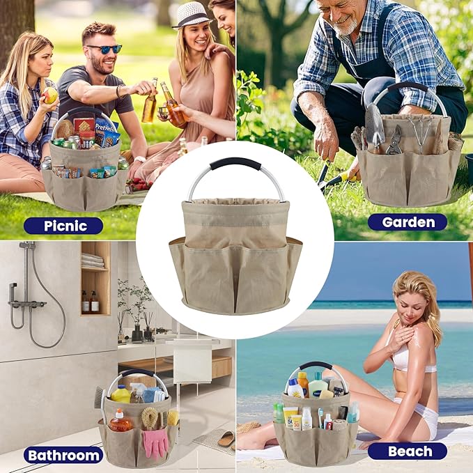 Cleaning Caddy with Handle and 6 Pockets, 17L Cleaning Supplies Organizer, 600D Oxford Fabric Storage Basket, Multifunctional Bucket Bag for Picnics, Camping, Gardening, Bathing (Khaki)
