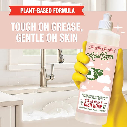 Rebel Green Super Deluxe Dish Soap - Plant-Based Sustainable Dishwashing Soap - Cranberry & Mandarin Scent - 16 fl oz - 2 Pack