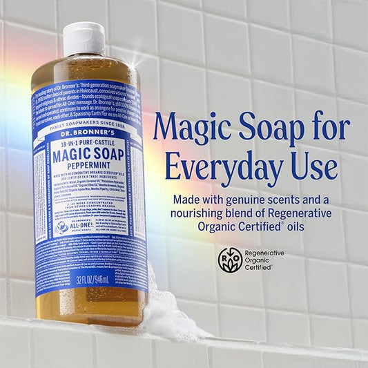 Dr. Bronner's Pure-Castile Magic Liquid Soap- Made with Regenerative Organic Oils- For Body, Face, Hair, Dishes, Pets, Laundry Natural, Vegan, Non-GMO - Peppermint, 32 oz (2-Pack)