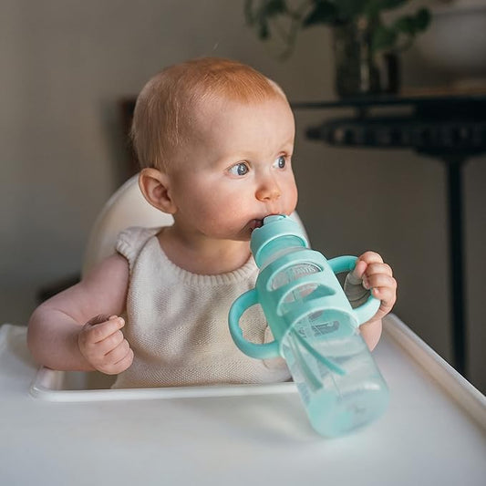 Dr. Brown's Milestones Narrow Sippy Straw Bottle, Spill-Proof with 100% Silicone Handles and Weighted Straw, 8 oz/250 mL, Gray/Green, 6m+