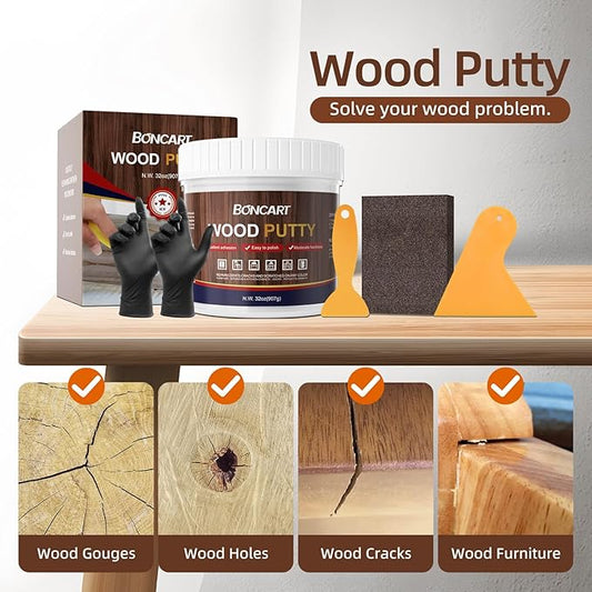 32oz Wood Filler Putty - White, Paintable Furniture Repair Kit for Quickly Fixing Broken and Defective Wooden Furniture, MQNZ-08