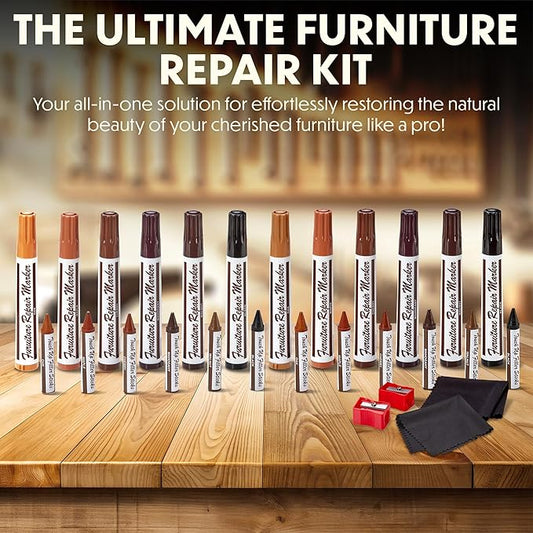 Furniture Repair Kit Set of 26 Wood Repair Kit w/Furniture Touch Up Markers Wax Crayons Sharpener & Cleaner Cloth Restore Hardwood Floor Scratches Discoloration for Wooden Door and More