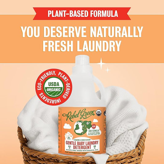 Rebel Green Organic Baby Laundry Detergent - Natural Laundry Soap - Liquid Laundry Detergent - Gentle Laundry Detergent - Chamomile & Orange Blossom Scent - (68 Load Bottles, 2 Pack)