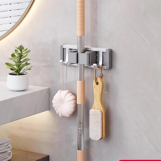 Mop and Broom Holder Wall Mount.Adjustable Tool Organizer Rack with Sliding Hooks, Heavy Duty Drill-Free Broom Hanger for Kitchen, Garage & Laundry Room Storage. (small)
