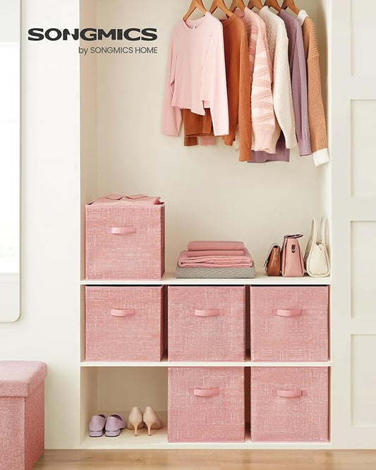 SONGMICS Storage Cubes, 13-Inch Non-Woven Fabric Bins with Double Handles, Set of 6, Closet Organizers for Shelves, Foldable, for Clothes, Jelly Pink UROB033R01