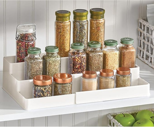 mDesign Plastic Expandable 3-Tier Shelf Rack Organizer - Storage for Bathroom Vanity, Cabinet, Cupboard, Drawer - Holds Medicine, Vitamins, Supplements, Cosmetics - Ligne Collection - Cream/Beige