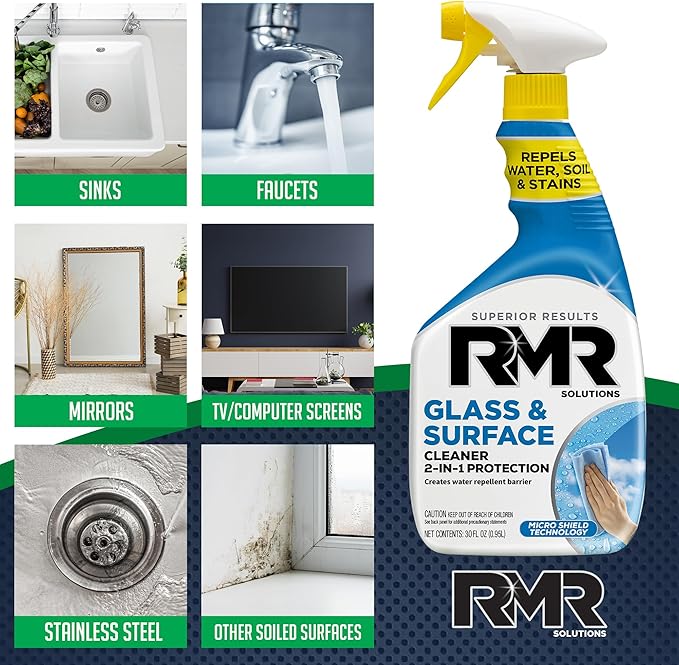 RMR Shower Spray, 2-in-1 Glass and Surface Cleaner Plus Repellent, Streak-Free Multi-Surface Treatment for Window, Car, and More, 30-Fluid Ounce Spray Bottle