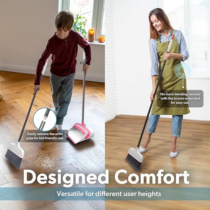 BLACK+DECKER Butler Broom & Dustpan Set - Stand-Up Design - Lightweight, Space-Saving Combo for Kitchen, Living Room, Bathroom, Lobby Floors - Home Cleaning Essential, White/Pink
