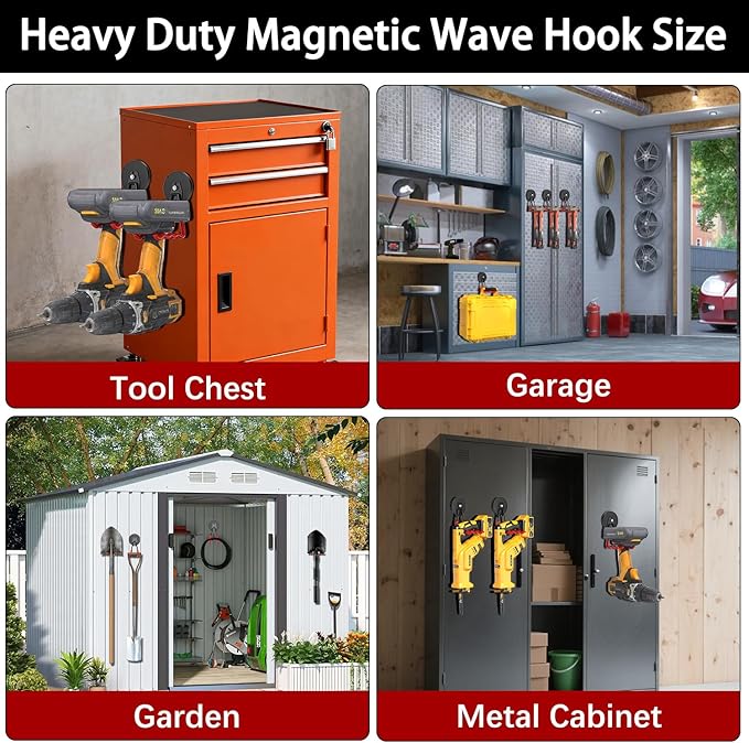 3-H Magnetic Wave Hooks Heavy Duty 2 Pack, Large Magnet Garage Hooks Heavy Duty and Strong Utility Magnetic Tool Holde for Hanging and organizing Garden Power Tool (Red