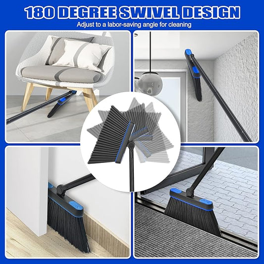 JEHONN Broom and Dust Pan, Upgraded Large Foldable Dustpan with Comb Teeth, 53.5 inches Long Handle Swivel Brush Indoor for Home Kitchen Lobby Floor Cleaning (Blue)