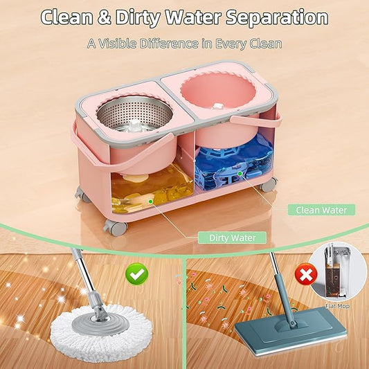 2026 Upgraded Gen 2 Spin Mop and Bucket Set with 4 Swivel Wheels for Easy Rolling, Separates Clean & Dirty Water, Floor Mop with 6 Washable Mop Heads for Wood, Tile, Vinyl, Baseboards - Pink