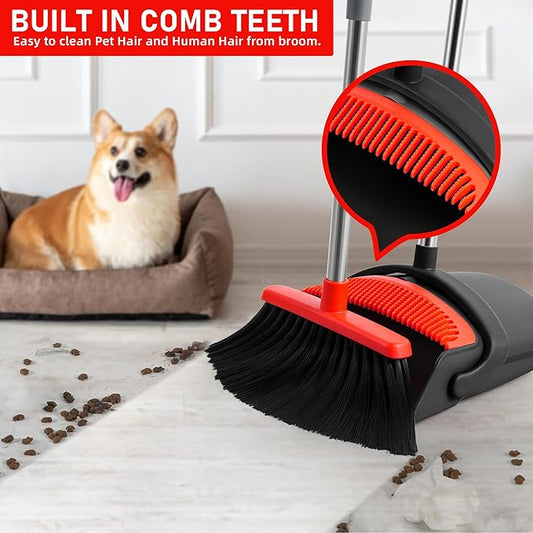 Broom and Dustpan Set for Home,52-in Long Adjustable Handle Angle Broom for Sweeping Indoor Dustpan Teeth to Clean Pet Hair Suitable for Home Kitchen Office