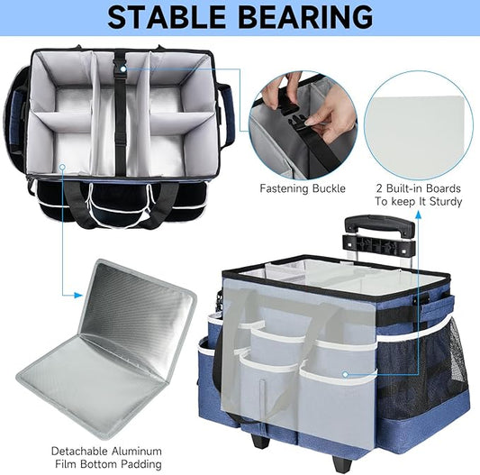 Large Rolling Cleaning Caddy Bag with Detachable Trolley,Cleaning Cart on Wheels with Shoulder Strap,Cleaning Supplies Organizer for Housekeepers,Blue
