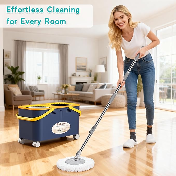 Gen 1 Compact Spin Mop and Bucket with 360° Swivel Wheels, 2026 Upgraded Design for Small Spaces, Clean & Dirty Water System, Wet & Dry Mop, 61" Handle, 6 Reusable Heads-Blue/Yellow