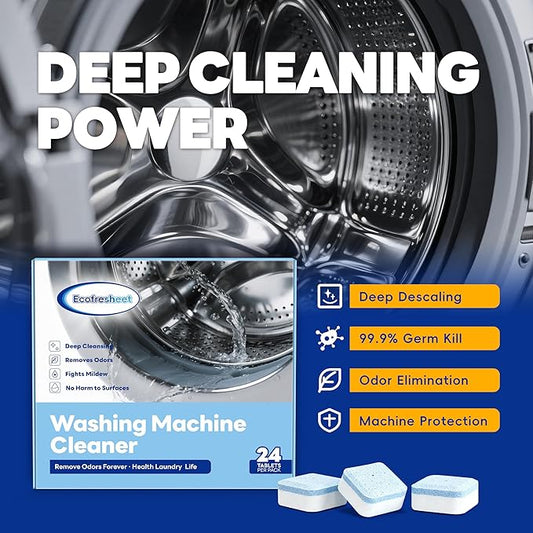 Washing Machine Cleaner Tablets - 24 Count, Deep Cleaning Descaler for Front & Top Load Washers | Removes Odor & Residue | Easy-to-Use Cleaning Tabs for Monthly Maintenance