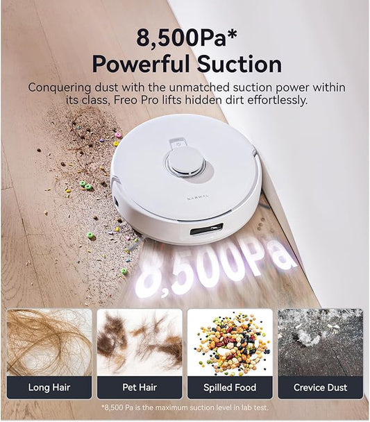 NARWAL Freo Pro Robot Vacuum and Mop Combo, Tangle Free Robot Mop, 8500Pa Powerful Suction, Self-Emptying, Auto Mop Washing, Auto Drying, Obstacle Avoidance, Ideal for Pet Hair and Hard Floor
