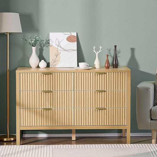 VEVOR Fluted Dresser with 6 Drawer, 47" Wide Chest of Drawers with Golden Metal Handle, Modern Closet Dresser TV Stand, Boho Wood Storage Organizer for Bedroom, Living Room, Hallway, Entryway, Natural