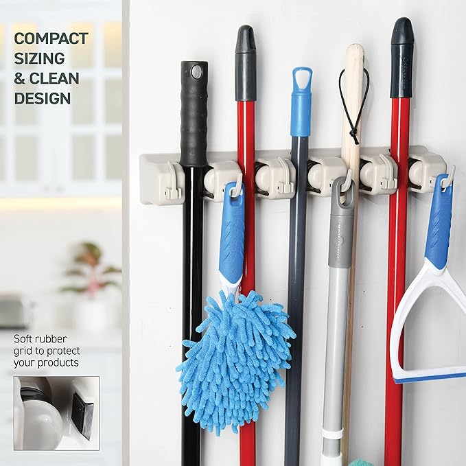 HOME IT Mop And Broom Holder Wall Mount - Garage Storage Systems with 5 Slots, 6 Hooks, 7.5lbs Capacity Per Slot - Garden Tool Organizer For Home, Kitchen, Closet, Garage, Laundry Room - Off-White