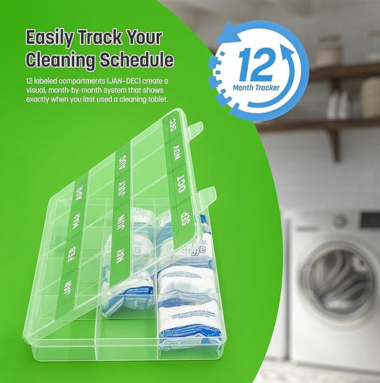 Monthly Reminder Organizer for Cleaning Tablets, 12 Labeled Compartments for Washing Machine, Dishwasher, Drain Disposal and Coffee Machine Cleaner Pods Holder