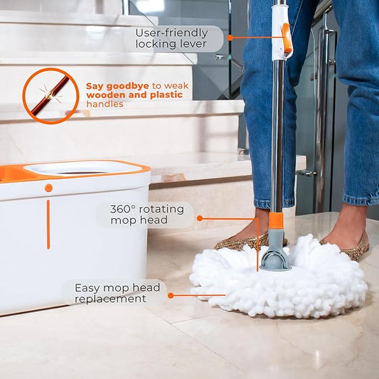 Spin Mop and Bucket Set Cleaning System Wringer 360 Microfiber Mop with Stainless Steel Handle Self Wringing Bucket for Tile Hardwood Laminate Floors Includes 2 Mop Head Refills