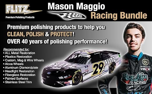Flitz Mason Maggio Racing Bundle - USA-Made Car Cleaning Kit - Includes 1lb Polish, 32oz Sealant, 16oz Metal Pre-Clean, 2 Buff Balls, & 4 Microfiber Cloths - Professional Car Detailing Kit to Restore