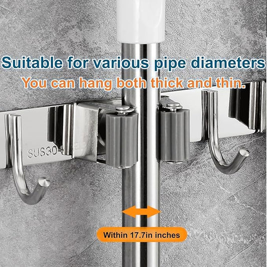 1Pcs Broom Mop Holder Wall Mount – Stainless Steel Heavy Duty Organizer with 2 Racks & 3 Hooks for Garage, Kitchen, Laundry Room, Garden & Home