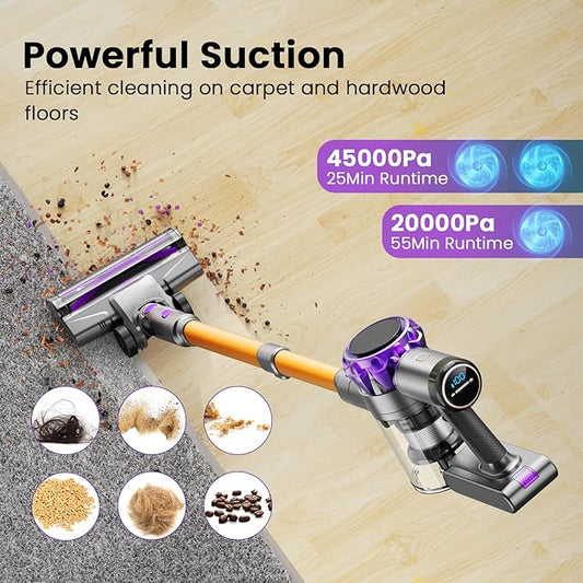 S3P Cordless Vacuum Cleaner, 45kPa Powerful Suction Vacuum Cleaners for Home, 55-Min Runtime Rechargeable Stick Vacuum, Self-Standing, for Pet Hair Carpet Hard Floor, LED Display