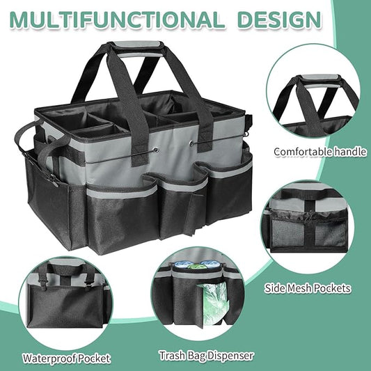 Boczif Cleaning Caddy Bag Wearable, Supplies Organizer With Handle, Shoulder Straps & Detachable Divide, Tool Organizers Tote for Cleaners & Housekeepers (Grey)
