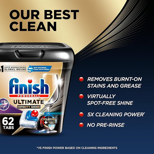 Finish Ultimate Infinity Shine Dishwasher Pods, No Pre-Rinse Dishwasher Detergent Soap Removes Burnt-On Stain, with Protector Shield & CycleSync Technology, Degreasing & Scrubbing Power, 62 Count