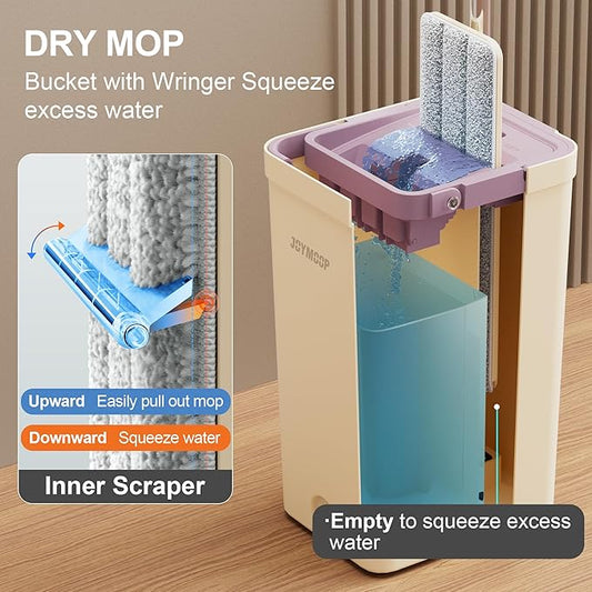 JOYMOOP Mop and Bucket Set (Beige & Blush Brown) with Extension Handle, Ideal for Floor, Window, and Wall Cleaning - Includes 3 Washable Microfiber Pads for Wet and Dry Use