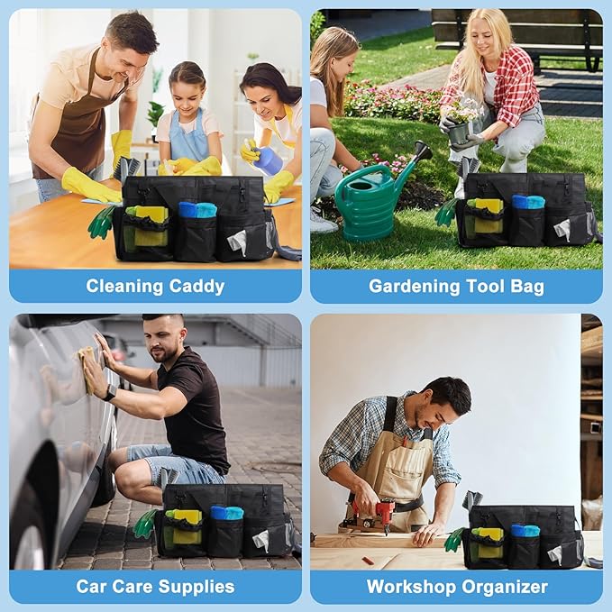 Large Cleaning Caddy Bags, Cleaning Supplies Organizer with Handle & Adjustable Shoulder Straps, 14.7-inch Black Tool Bag, Cleaning Bags for Housekeepers, Cleaners, Gifts